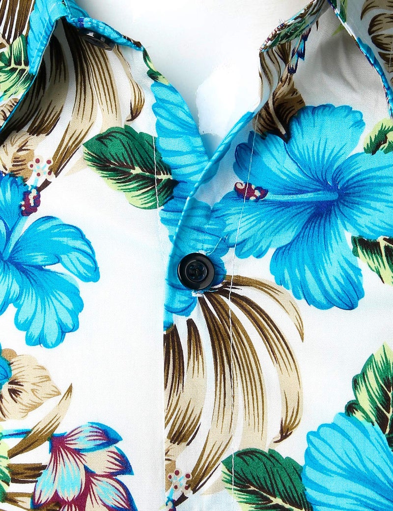JOGAL Men's Flower Casual Short Sleeve Aloha Hawaiian Shirt Medium Blue - Image 4